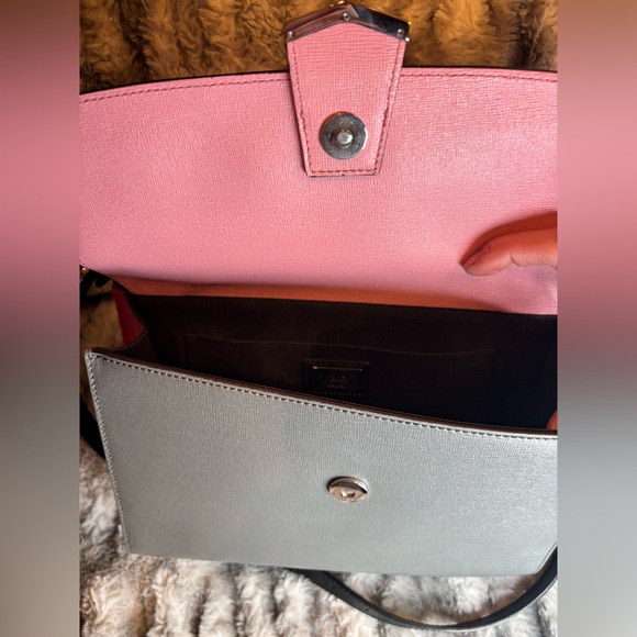 FENDI✨Demi Jour Top Handle Bag✨Pink Grey Red Leather✨Saffiano Satchel Crossbody - Picture 9 of 13